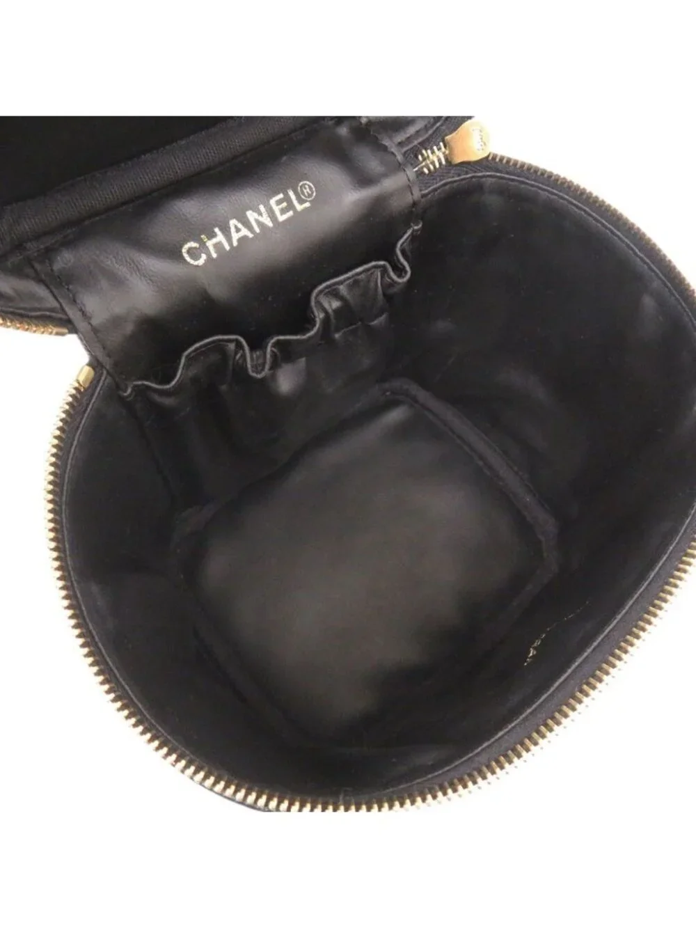 Chanel CC Logo Caviar Leather Black Gold Vanity Makeup Pouch